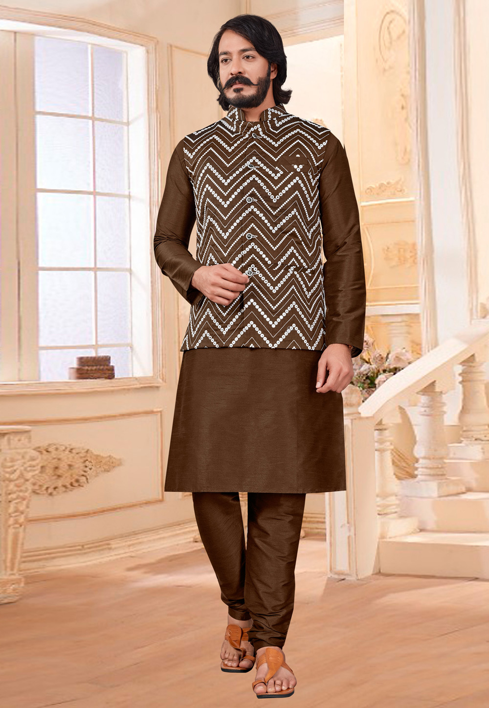 Brown Art Silk Kurta Pajama With Jacket 239931