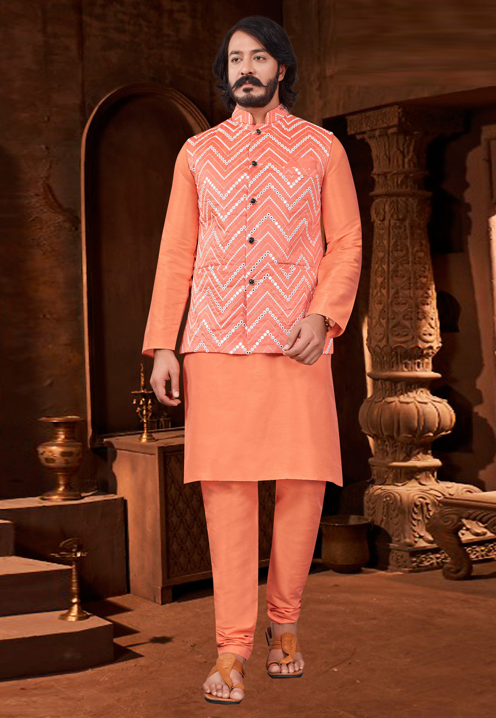 Orange Art Silk Kurta Pajama With Jacket 239932