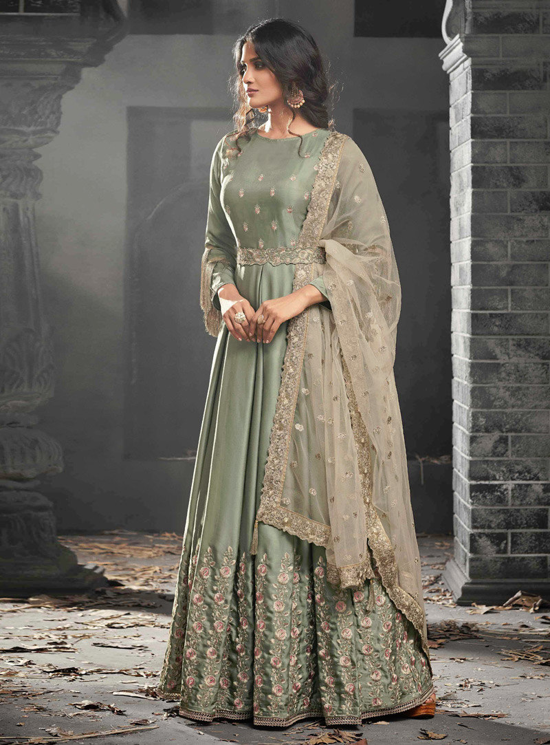 Light Green Silk Embroidered Anarkali Suit 133487