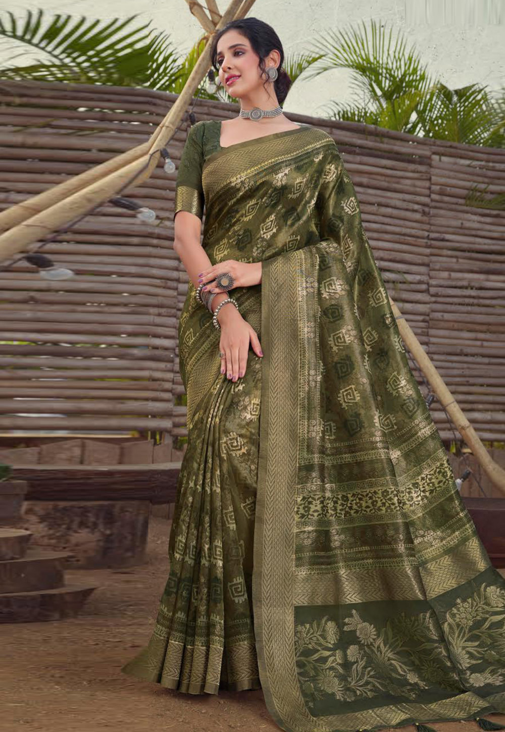 Mehndi Organza Saree With Blouse 265724