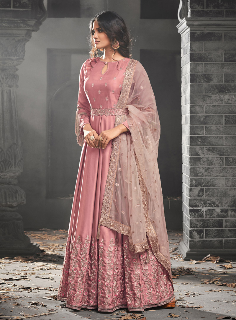 Light Pink Silk Embroidered Anarkali Suit 143704