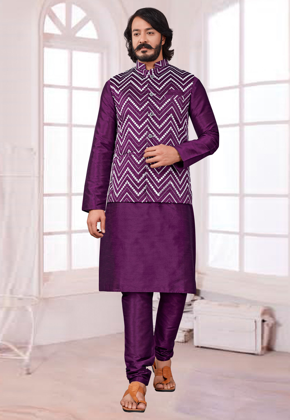 Purple Art Silk Kurta Pajama With Jacket 239935