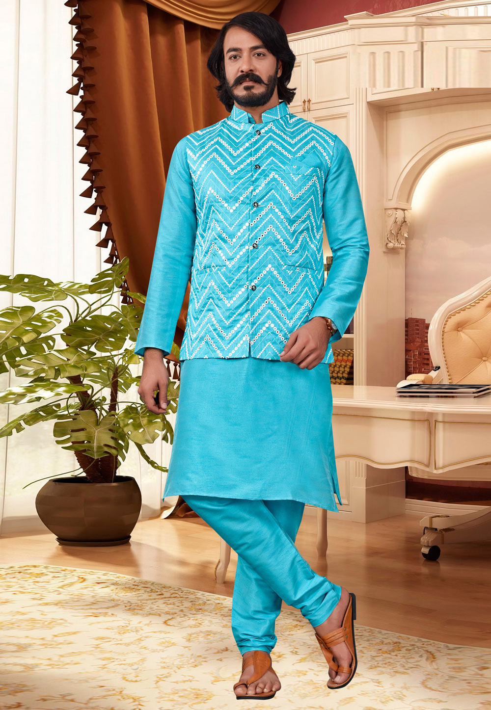 Aqua Art Silk Kurta Pajama With Jacket 239937