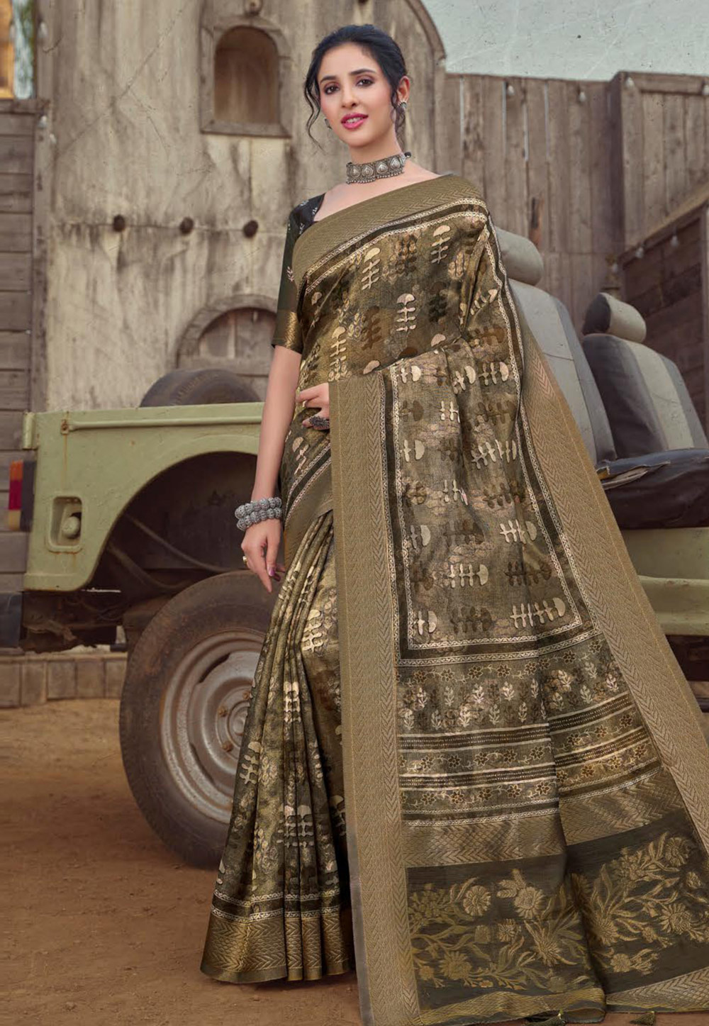 Camo Green Organza Saree With Blouse 265729