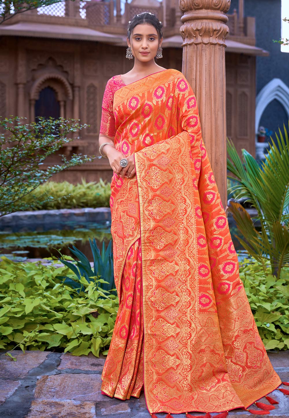 Orange Banarasi Silk Saree With Blouse 249697