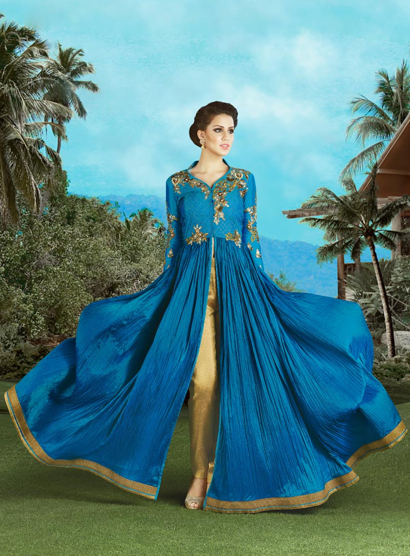 Blue Silk Designer Anarkali Suit 81025