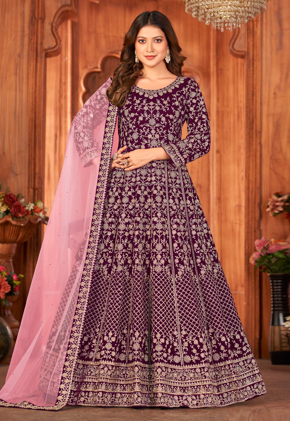 Purple Velvet Abaya Style Anarkali Suit 254113