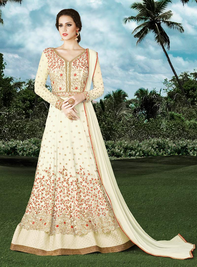 Off White Net Layered Anarkali Suit 89934