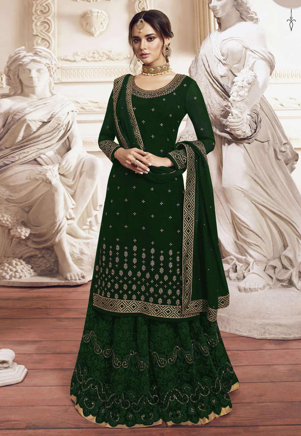 Green Faux Georgette Kameez With Palazzo 200102