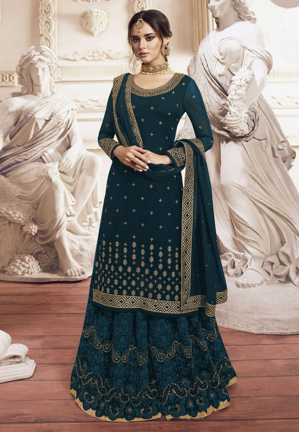 Teal Faux Georgette Kameez With Palazzo 200104
