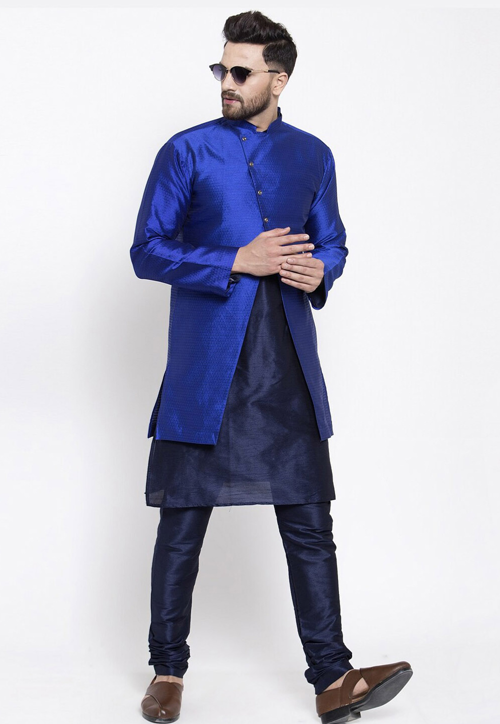 Navy Blue Dupion Silk Kurta Pajama With Jacket 244491