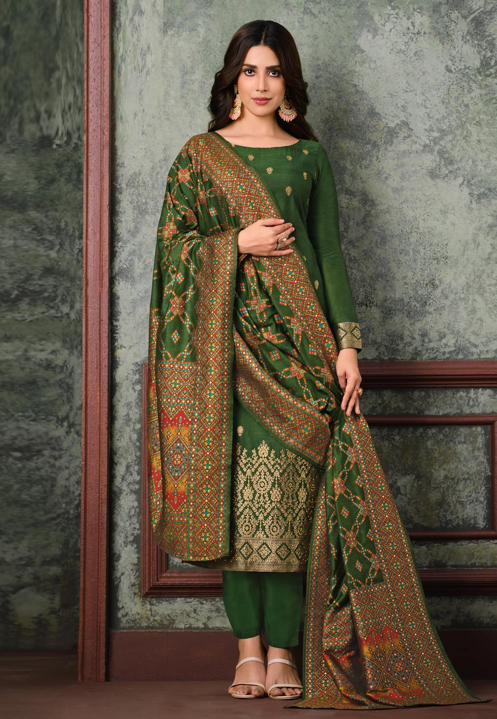 Green Silk Jacquard Pant Style Suit 241760