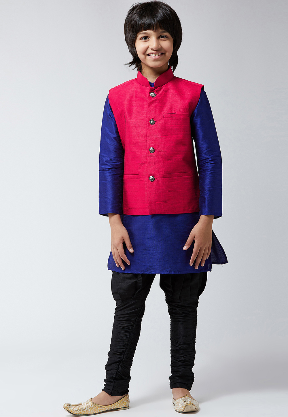 Blue Silk Kids Readymade Kurta Pajama With Nehru Jacket 190740