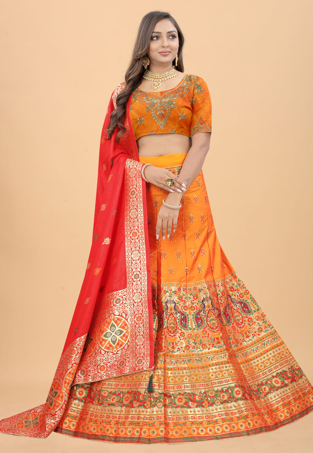 Orange Banarasi Silk A Line Lehenga Choli 246987