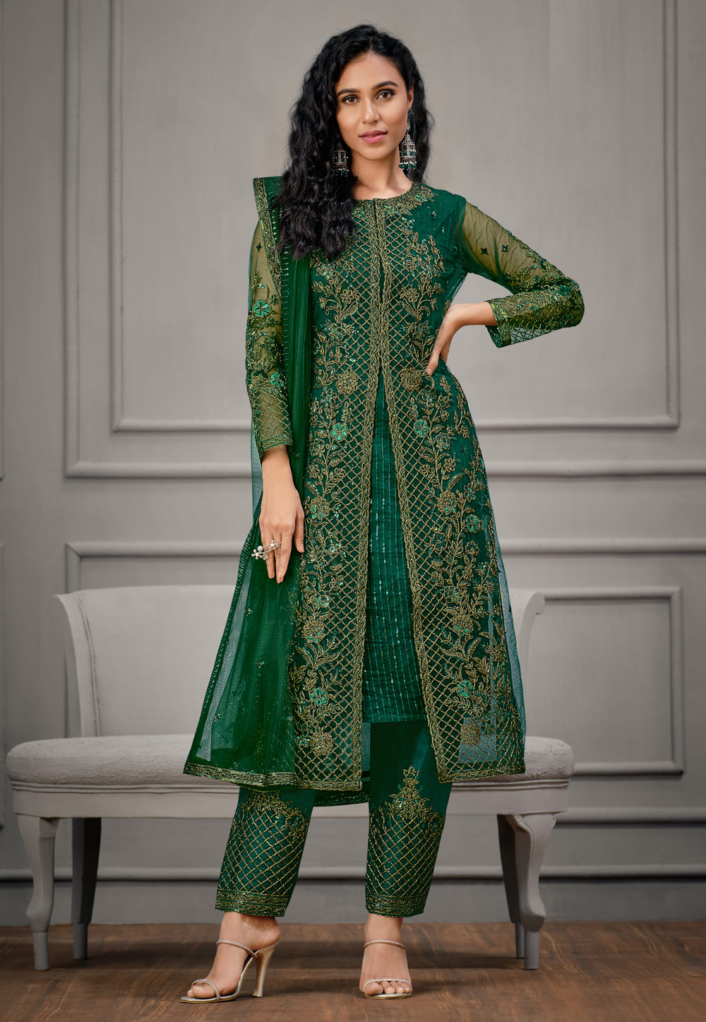 Green Net Kameez With Pant 245539