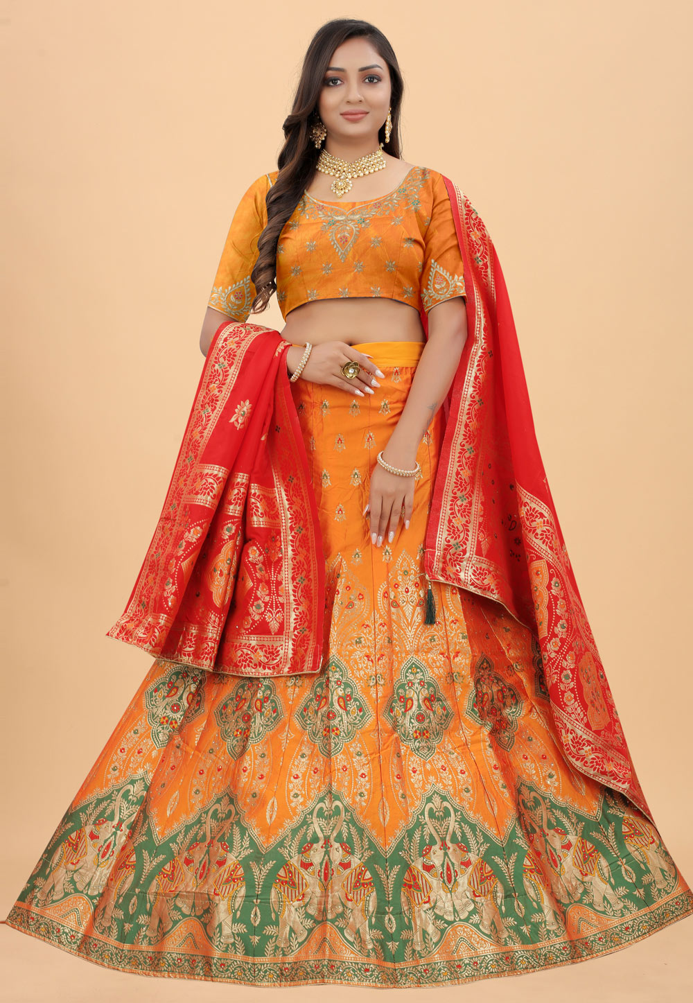 Orange Banarasi Silk A Line Lehenga Choli 246992