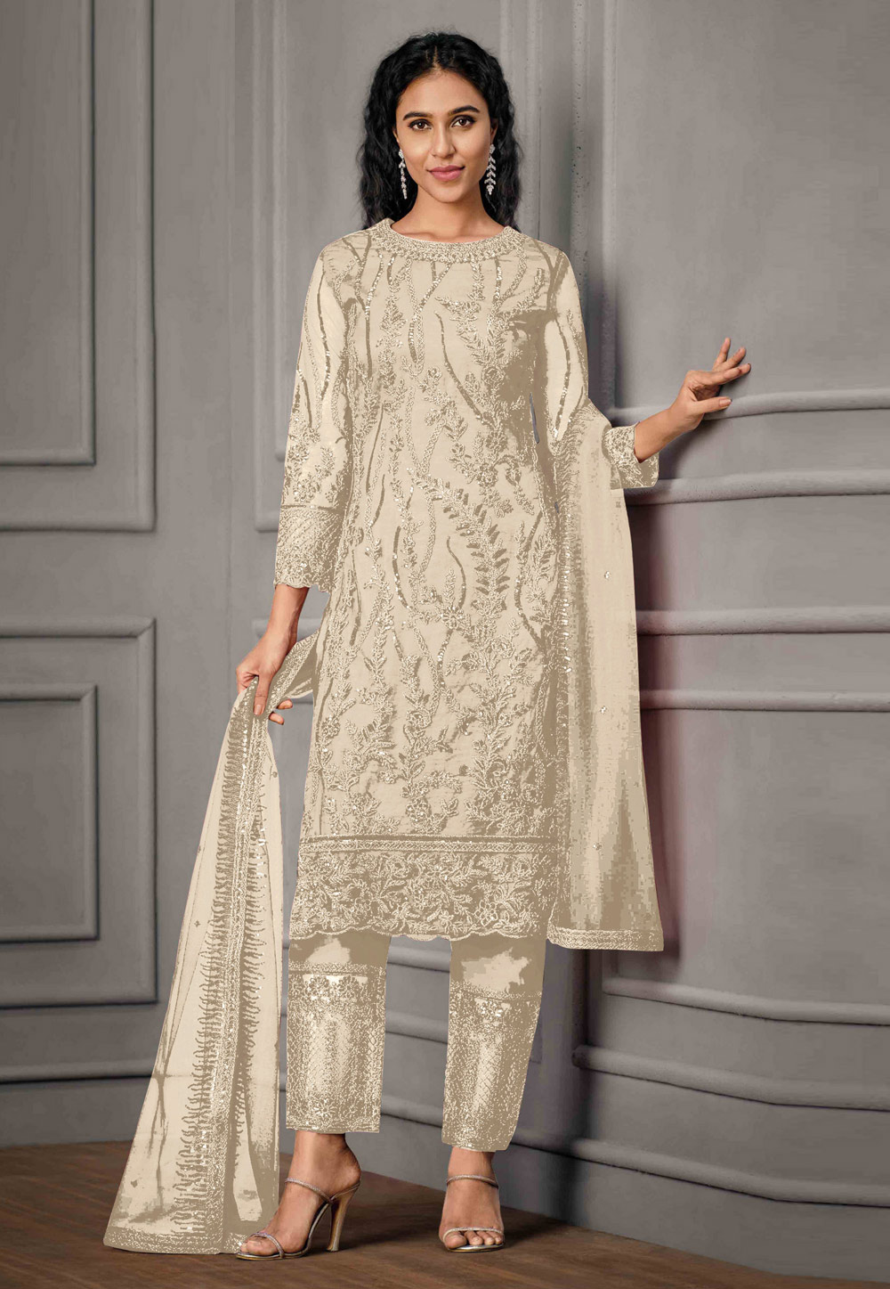 Off White Net Embroidered Pant Style Suit 248851