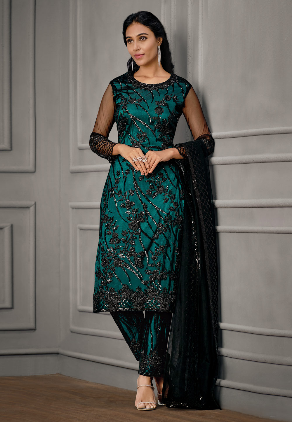 Green Net Kameez With Pant 245545