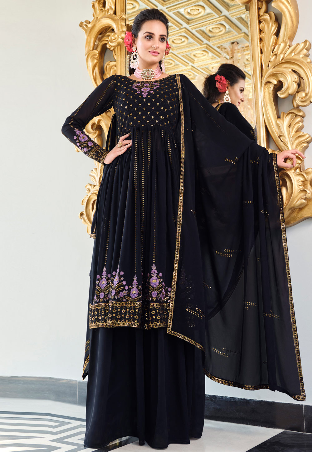 Navy Blue Georgette Readymade Palazzo Suit 265638