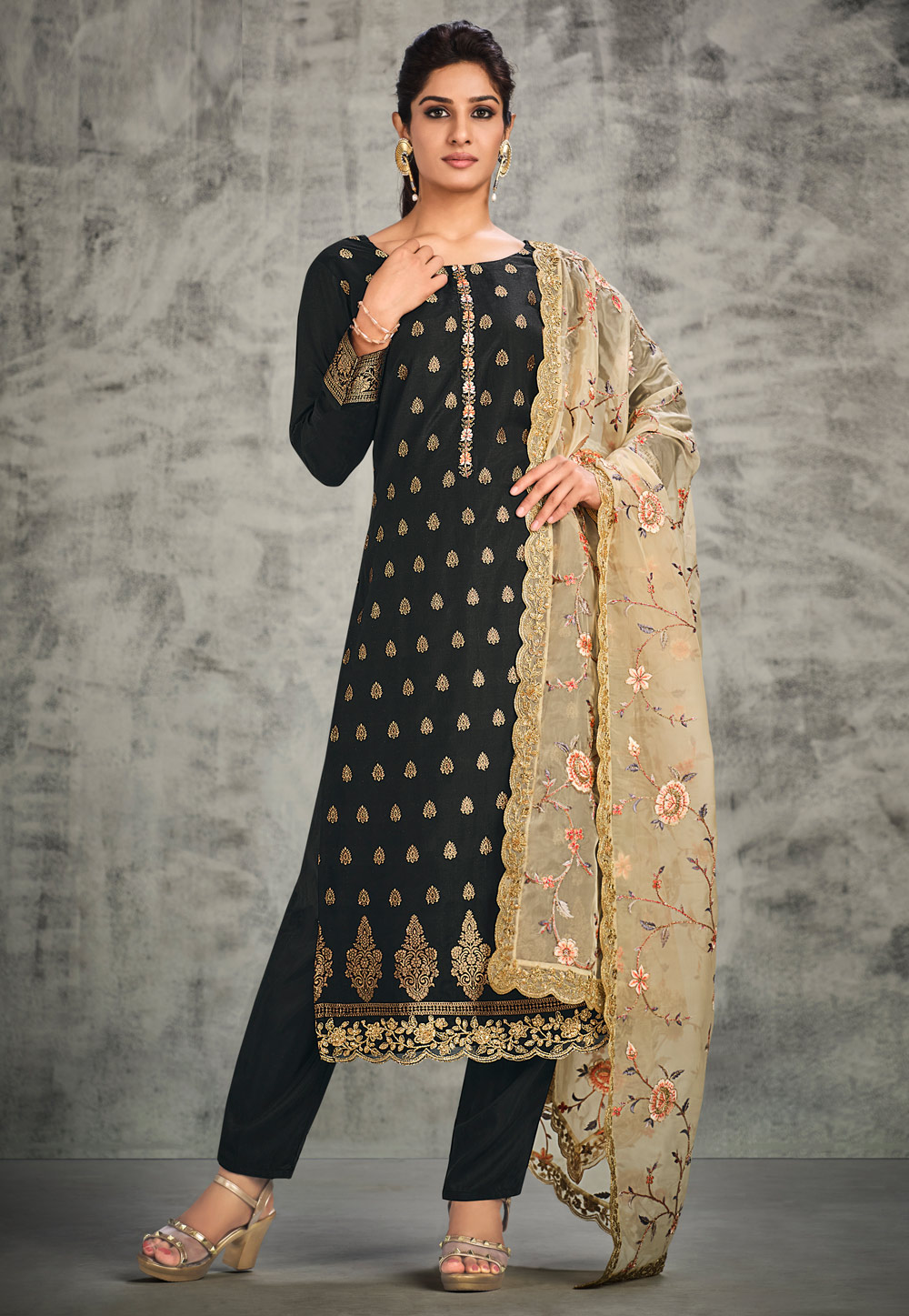 Black Silk Jacquard Pakistani Suit 255034