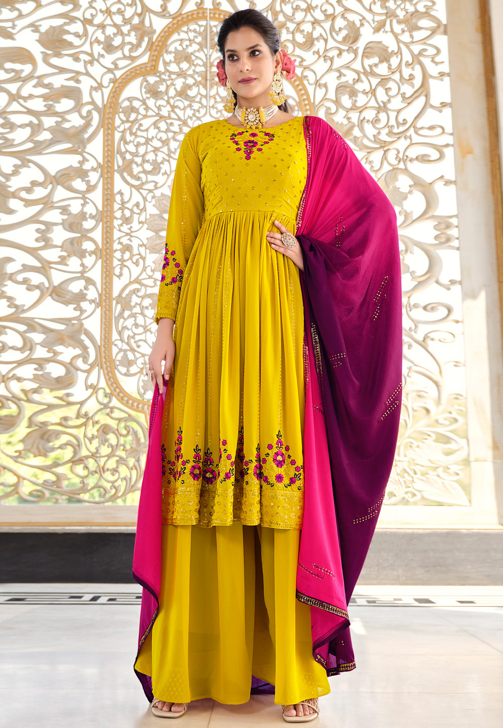 Mustard Georgette Readymade Palazzo Suit 265640