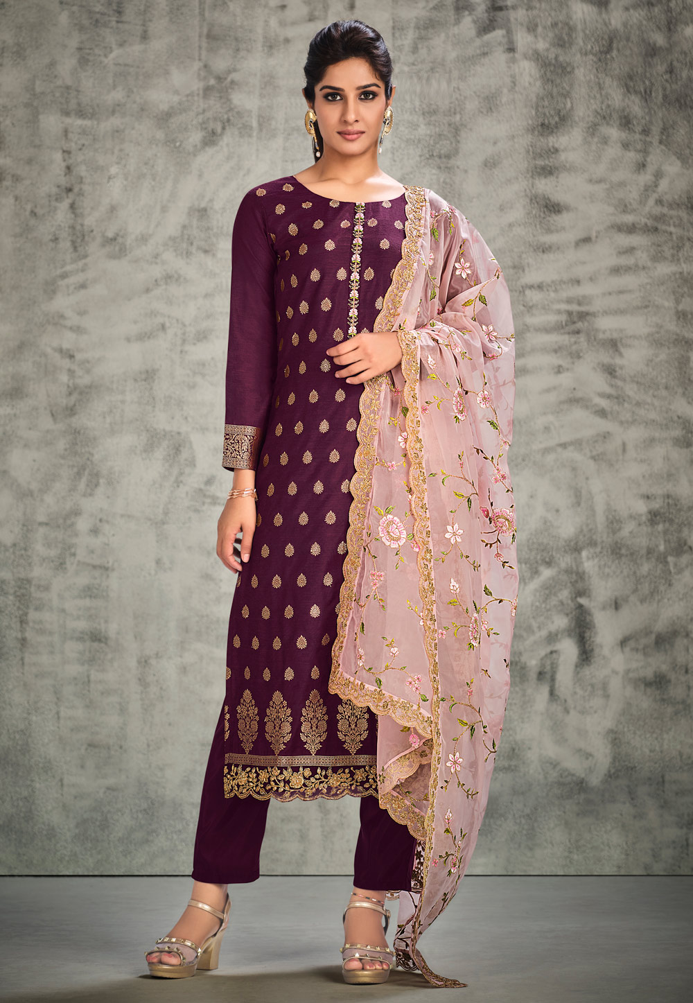 Purple Silk Jacquard Pant Style Suit 255035