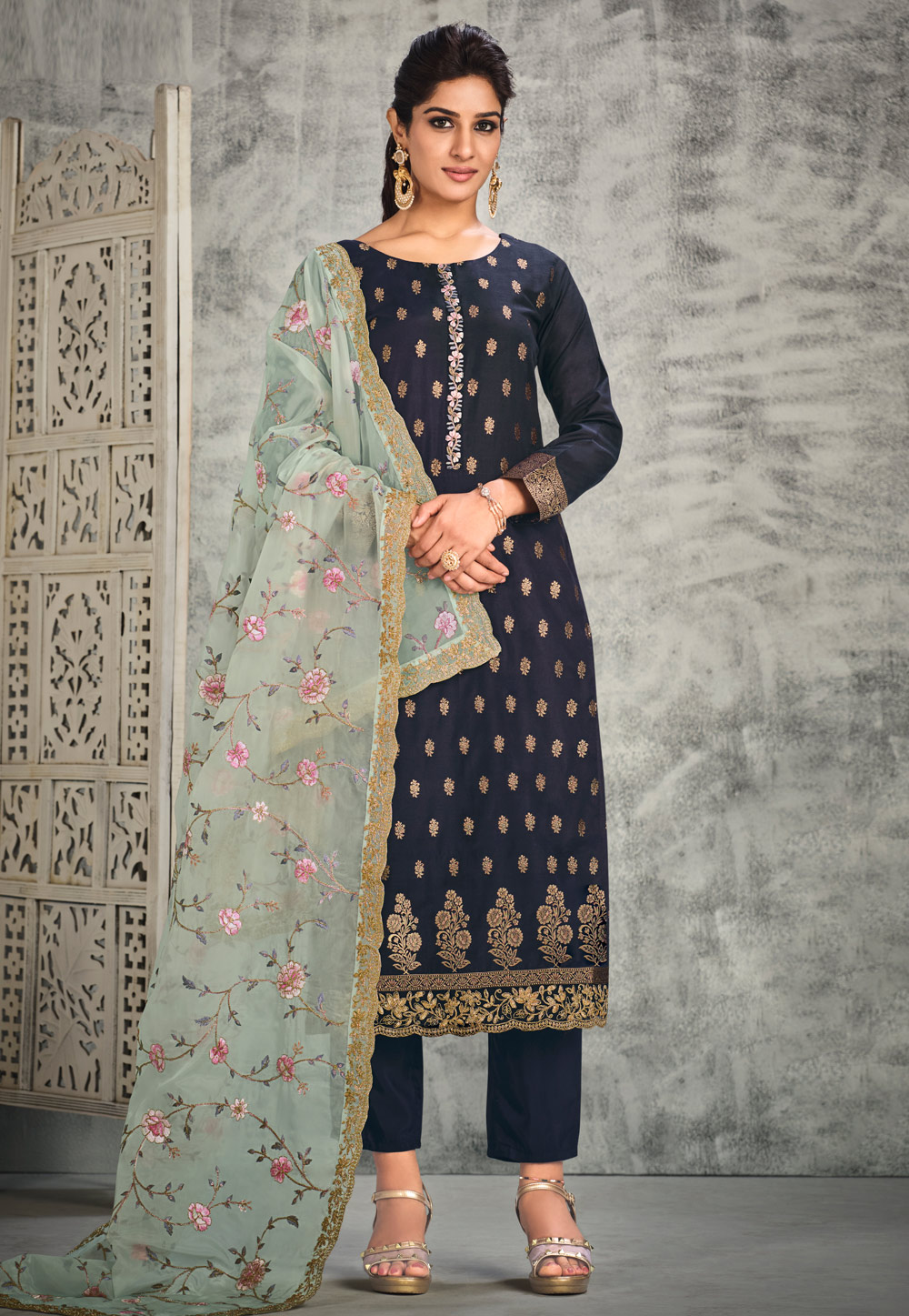 Navy Blue Silk Jacquard Pakistani Suit 255038