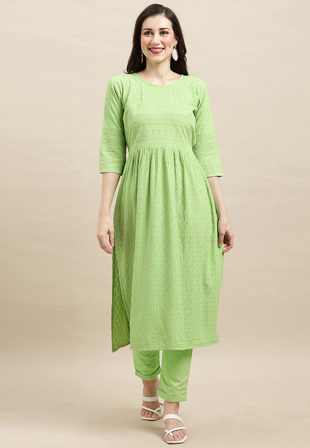 Pista Green Rayon Long Kurti 267933