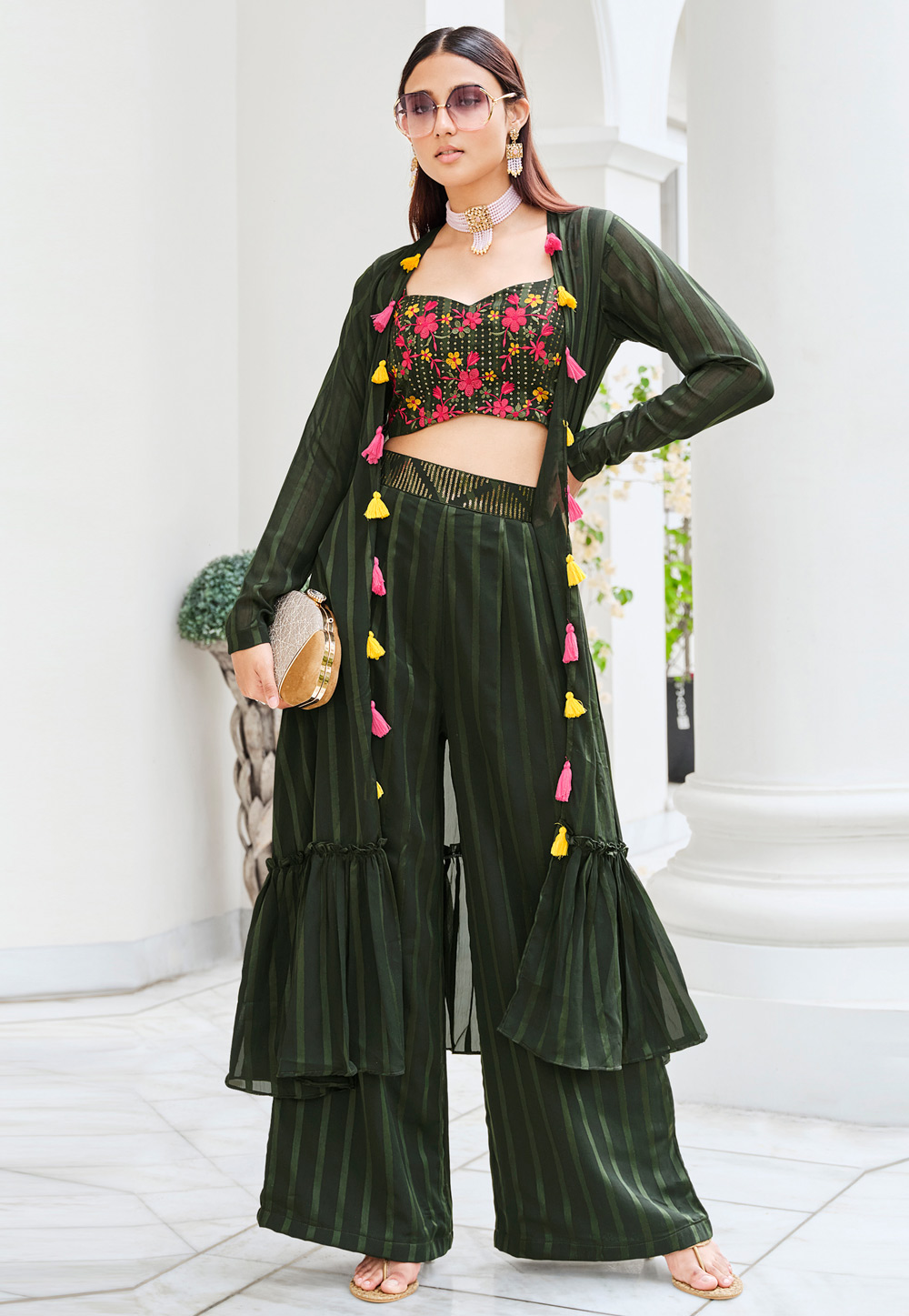 Buy Vishudh Green Solid Crop Top With Flared Palazzo And Jacket for Women  Online at Rs.983 - Ketch