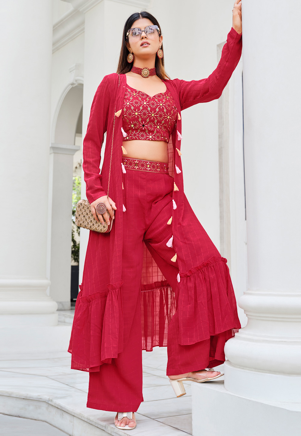 Red Georgette Kurta Set With Jacket 268492