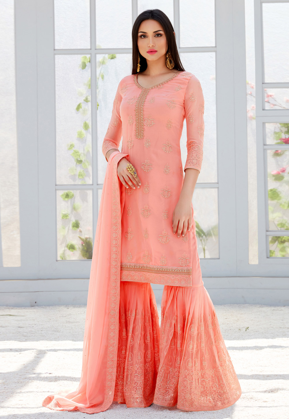 Peach Georgette Embroidered Sharara Suit 165998