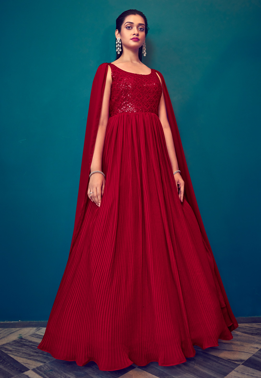 Red Georgette Readymade Abaya Style Anarkali Suit 266292