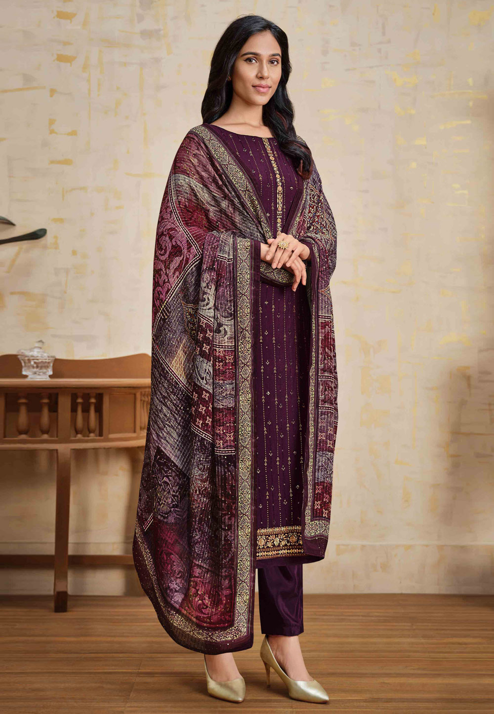 Purple Chinon Kameez With Pant 244876