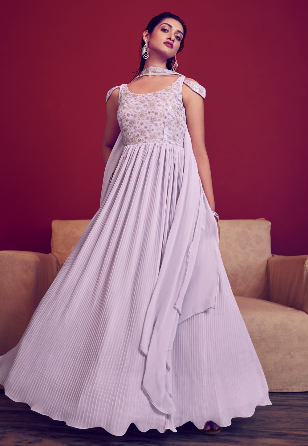 Lavender Georgette Readymade Abaya Style Anarkali Suit 268498