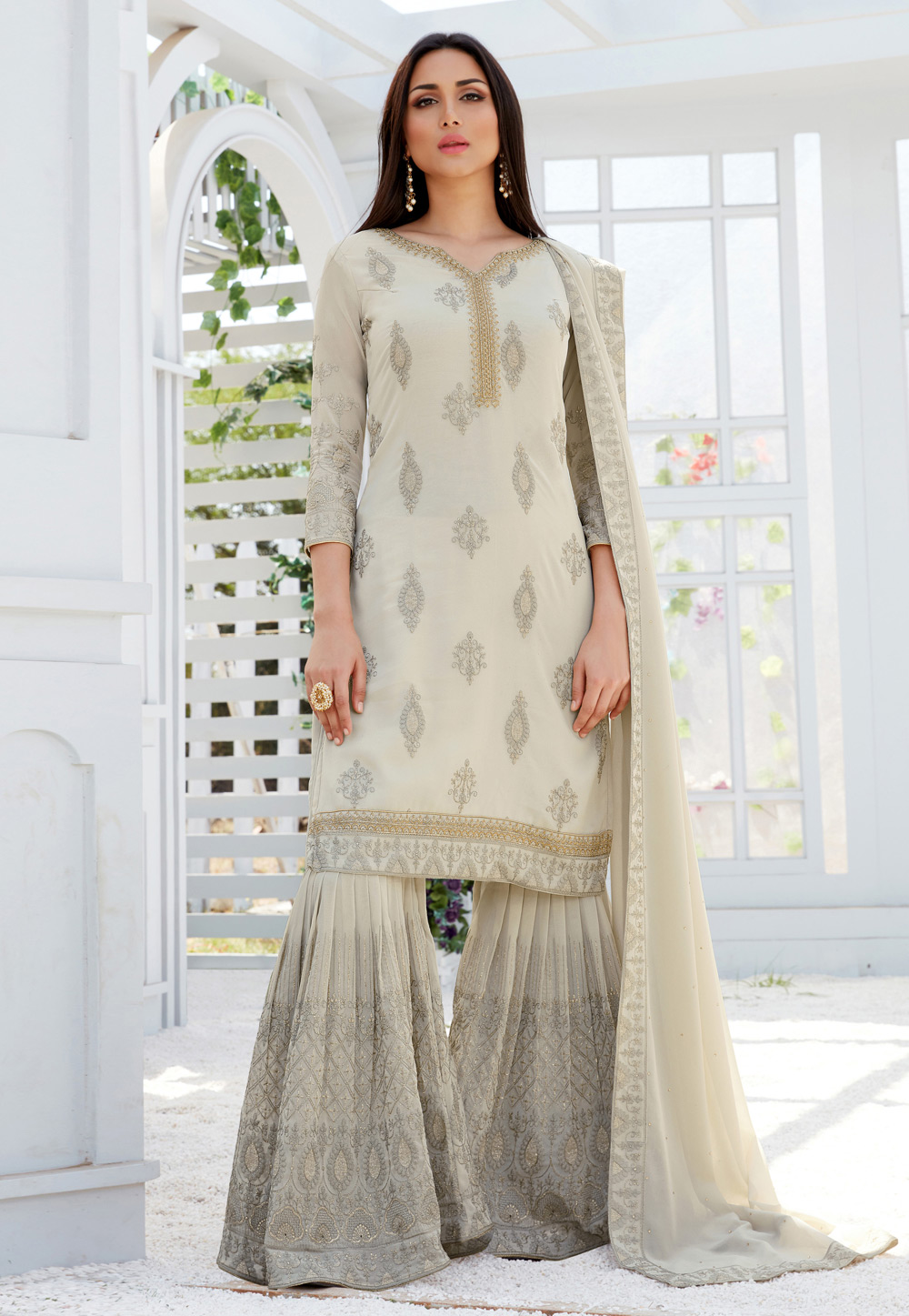 Beige Georgette Embroidered Sharara Suit 166000