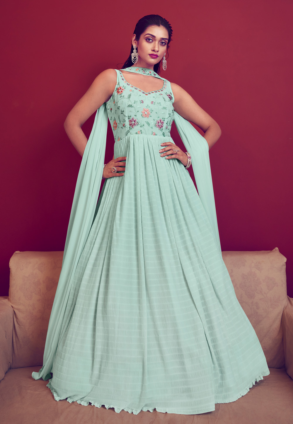 Sea Green Georgette Readymade Abaya Style Anarkali Suit 268500