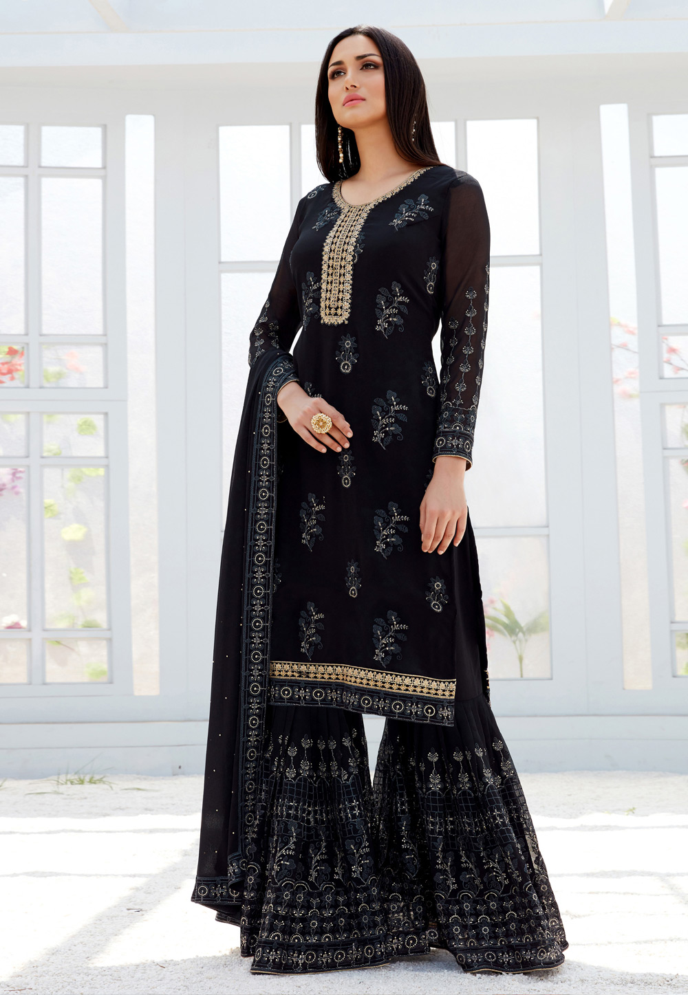 Black Georgette Embroidered Sharara Suit 166001