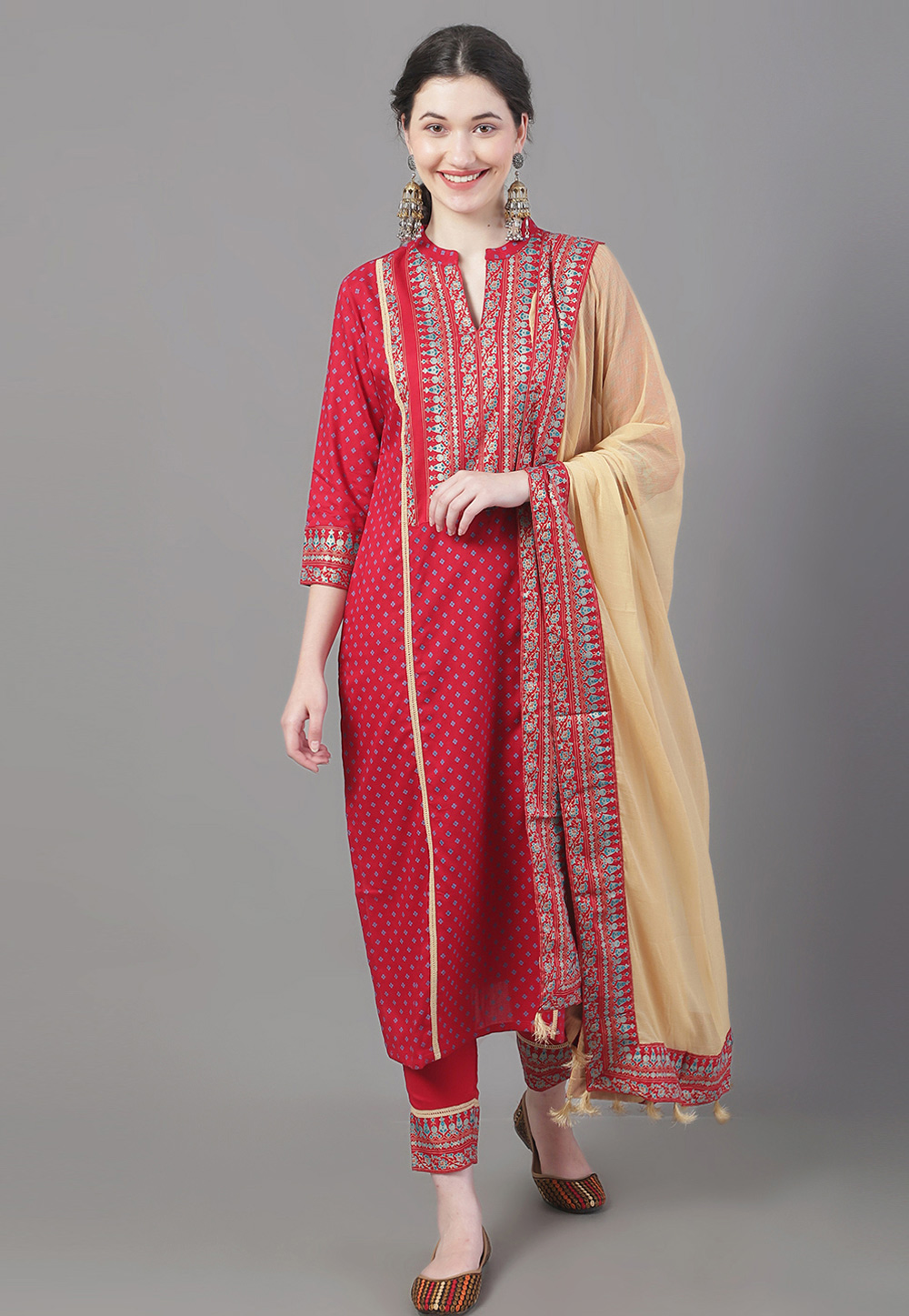 Red Rayon Readymade Pakistani Suit 272242