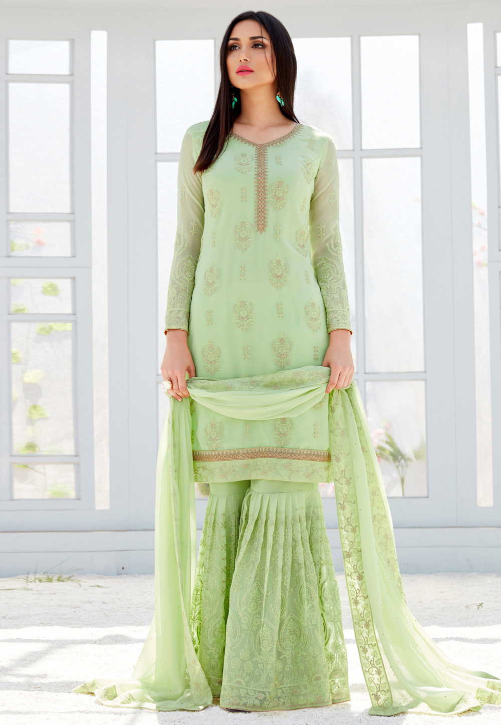 Light Green Georgette Embroidered Sharara Suit 166002