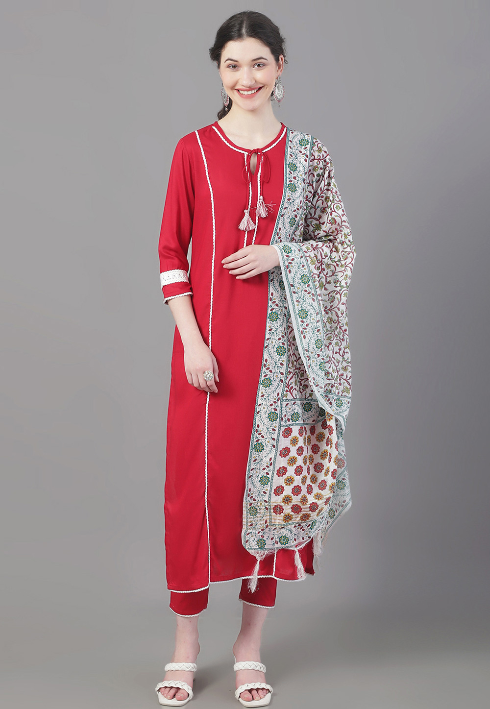 Red Rayon Readymade Pant Style Suit 272245