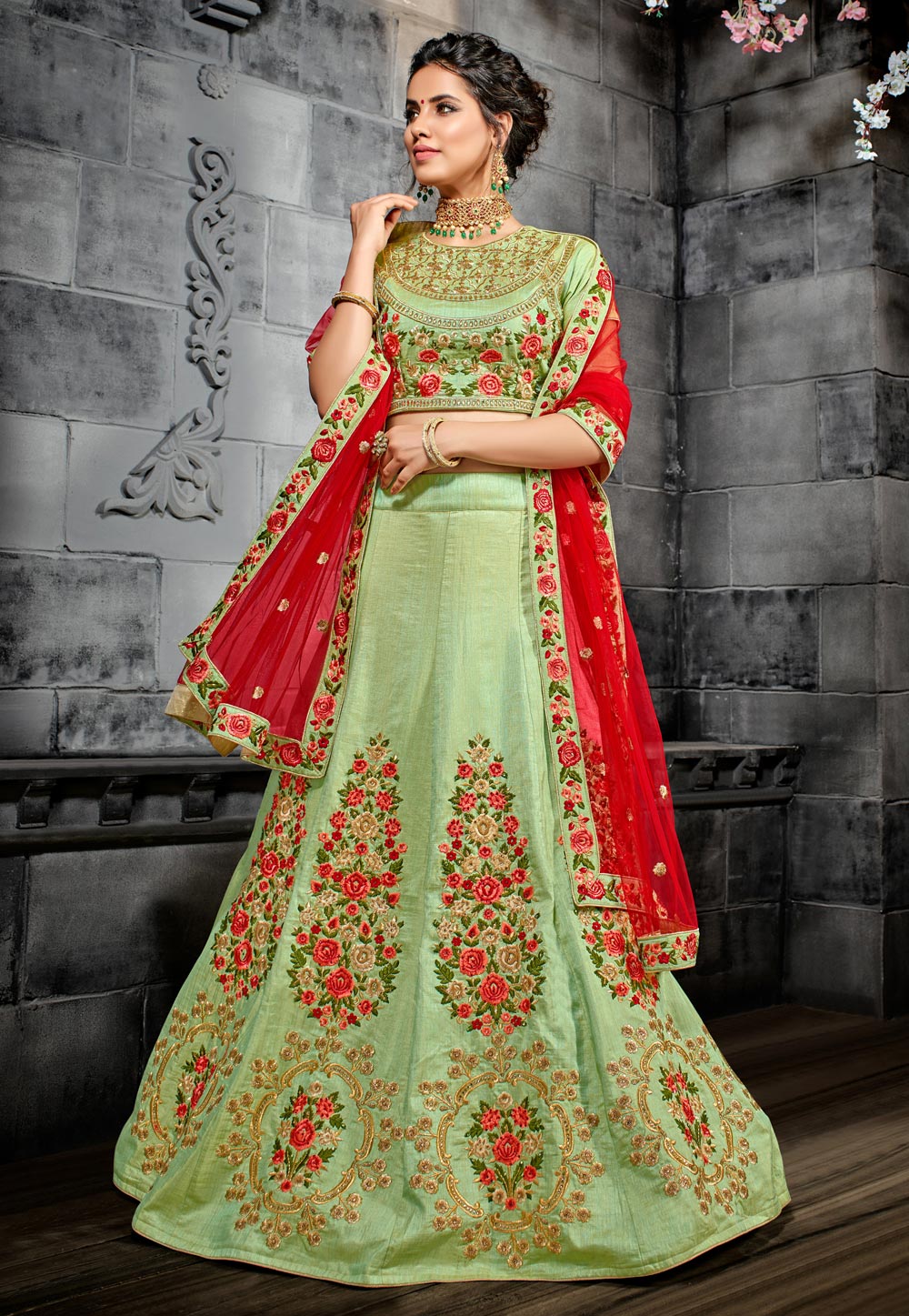 Light Green Cotton Shimmer Chanderi Gota Embroidered Lehenga Set Design by  Shikhar Sharma at Pernia's Pop Up Shop 2024