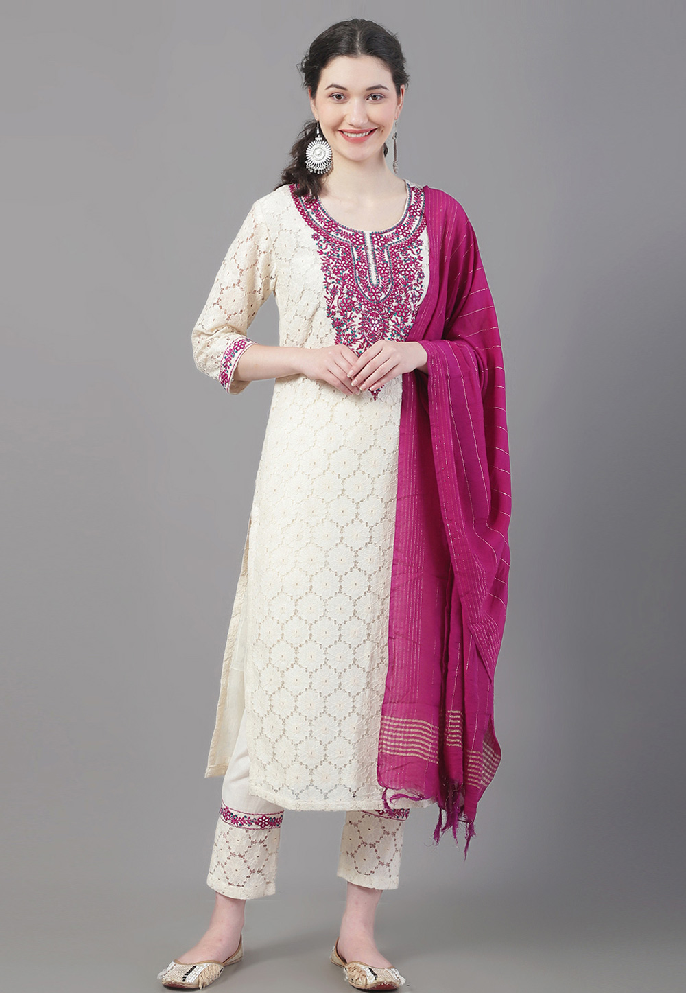 Cream Cotton Readymade Pant Style Suit 272247