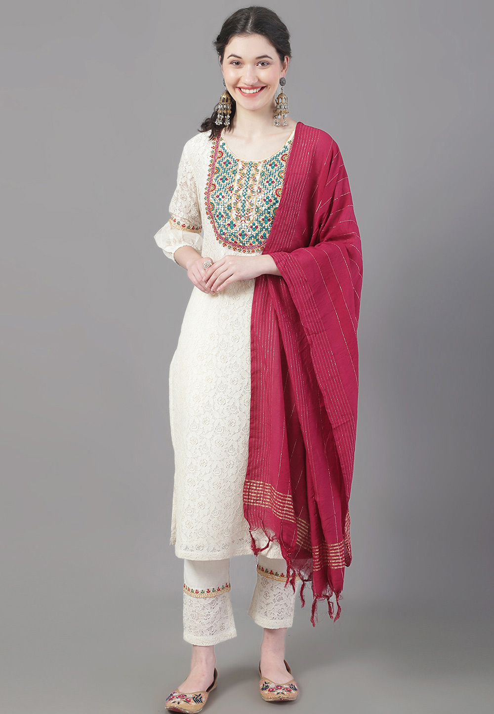 Cream Cotton Readymade Pant Style Suit 272249