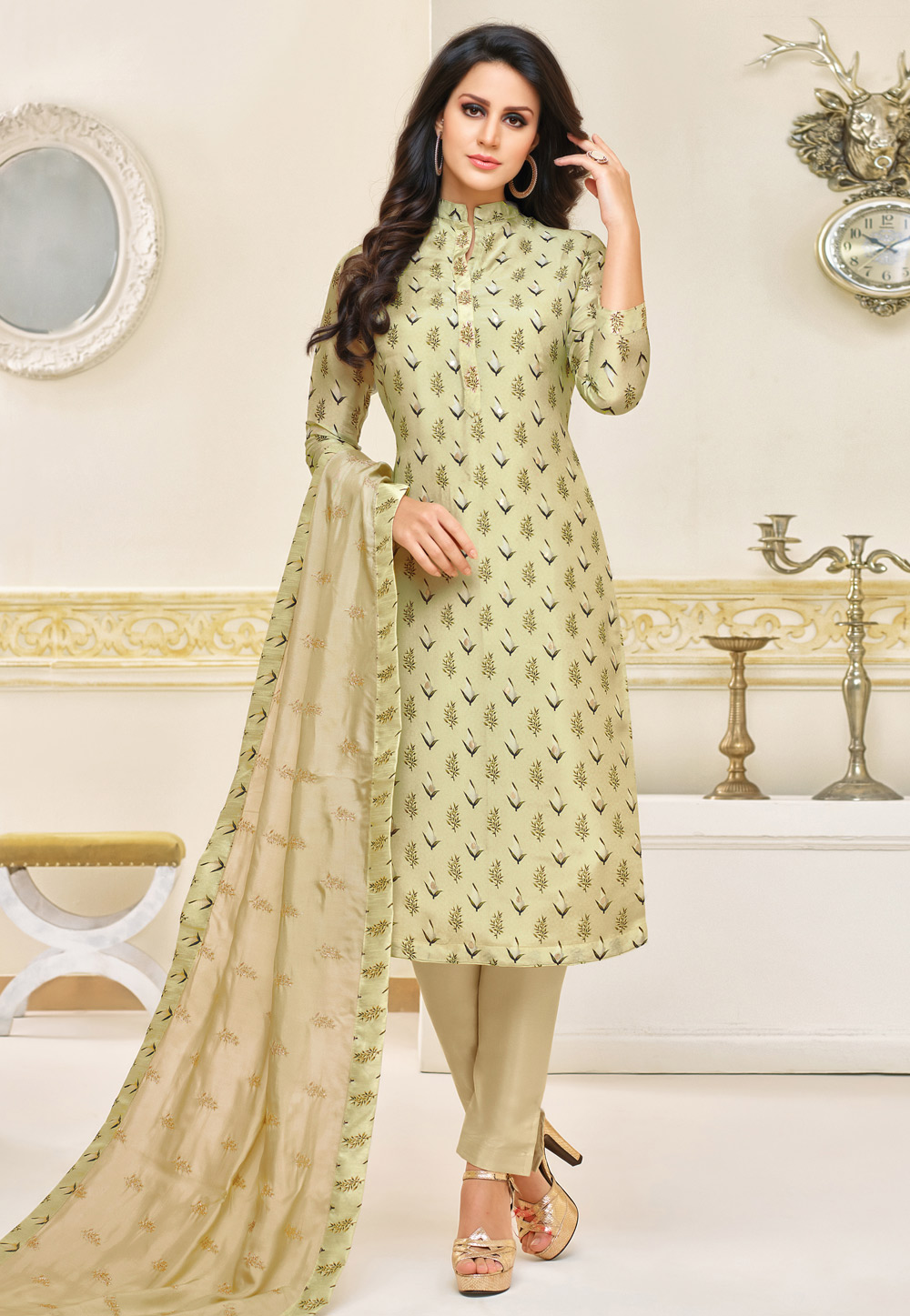 Pista Green Muslin Pant Style Suit 164258