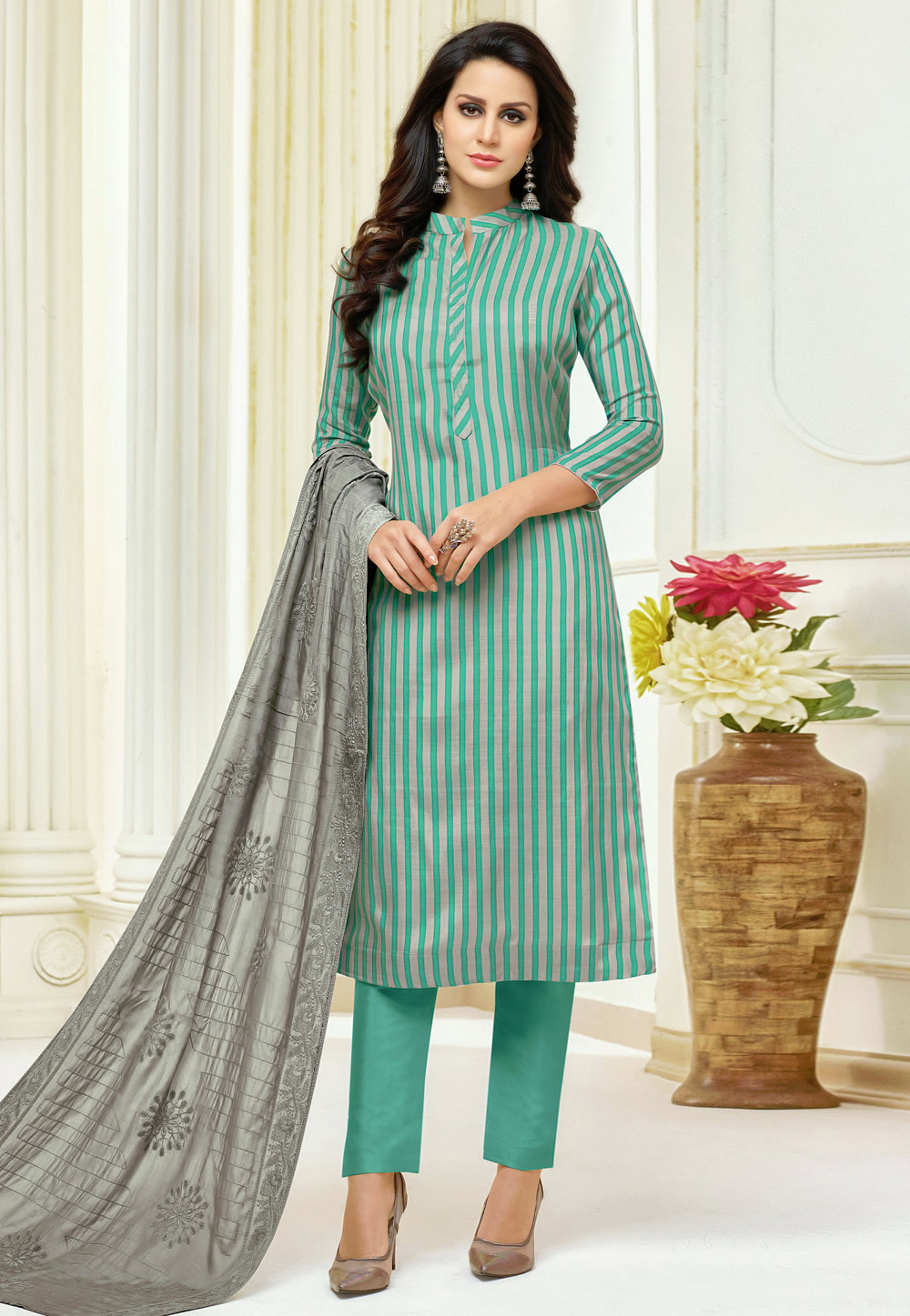 Turquoise Muslin Kameez With Pant 164259