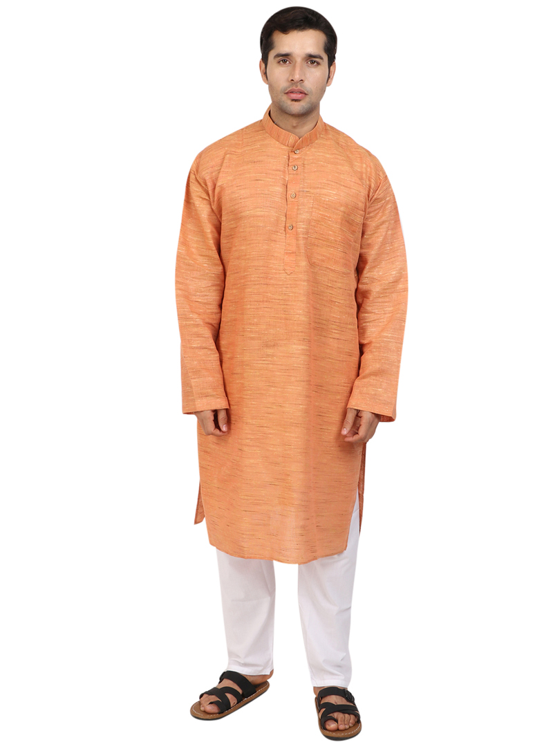 Light Orange Cotton Readymade Kurta Pajama 124151