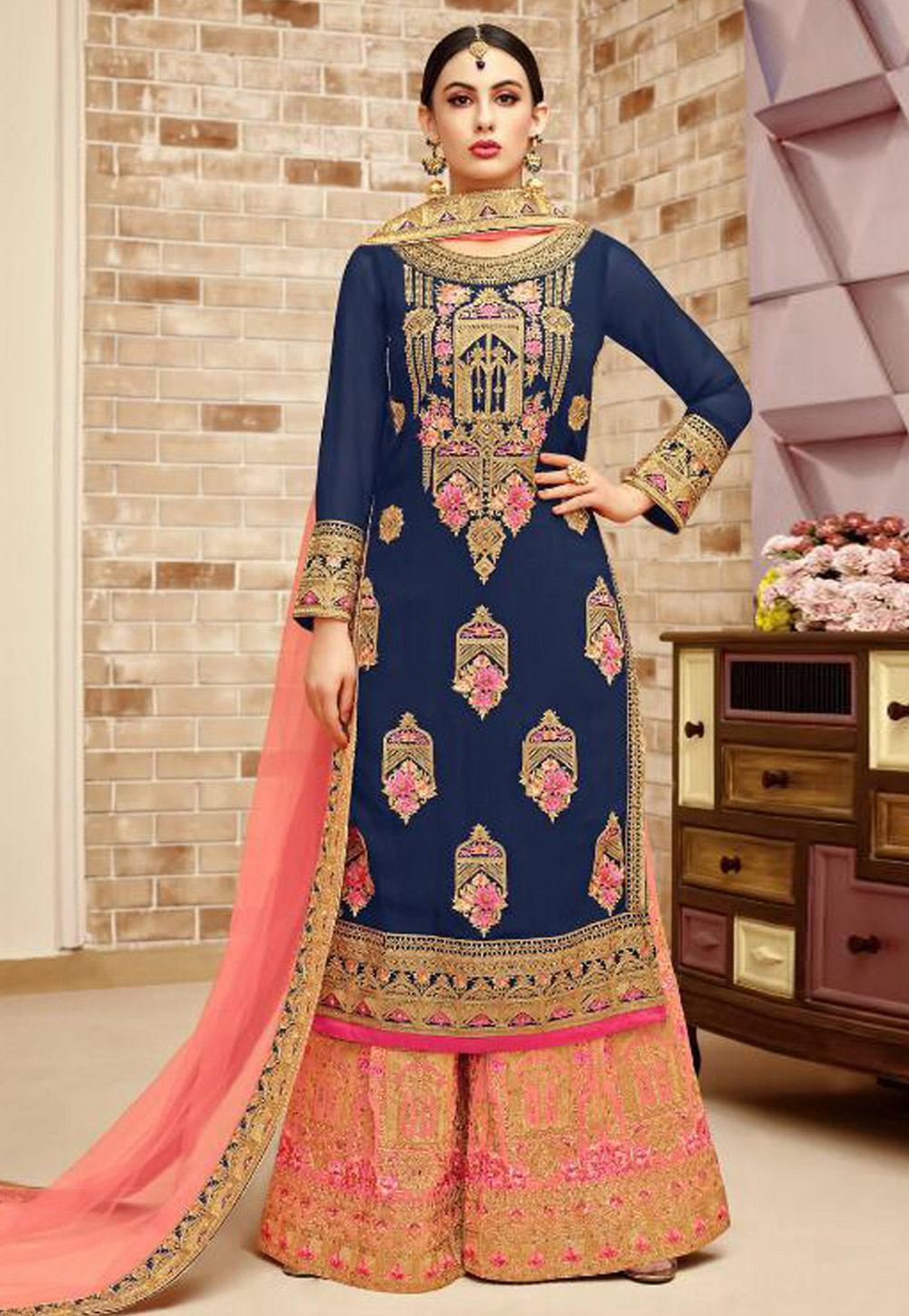 Navy Blue Faux Georgette Palazzo Style Suit 153775