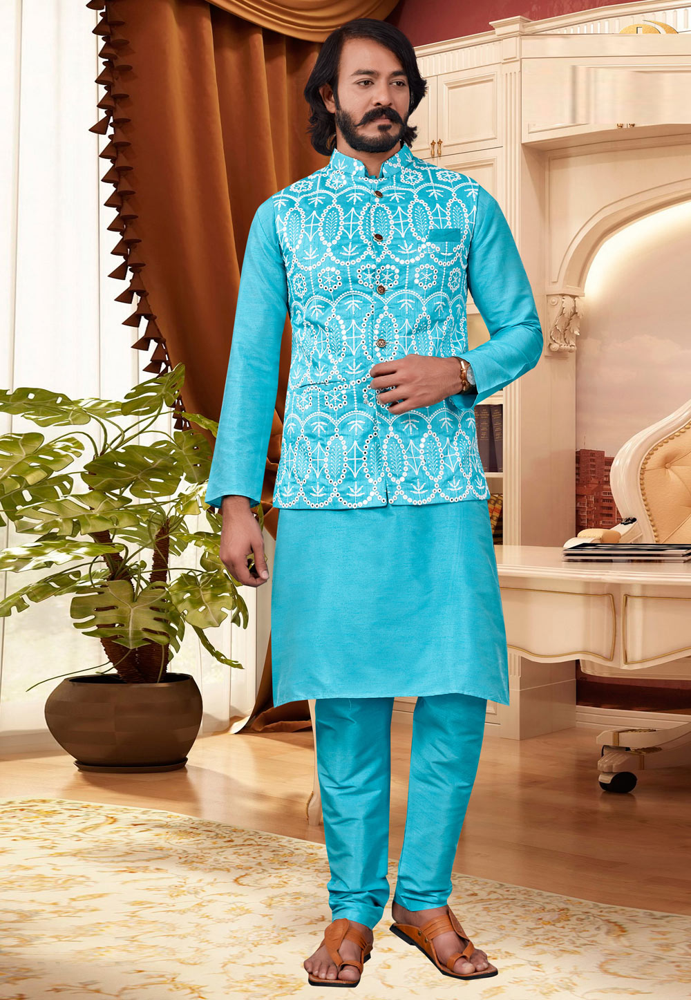 Aqua Art Silk Lakhnavi Kurta Pajama With Jacket 239941