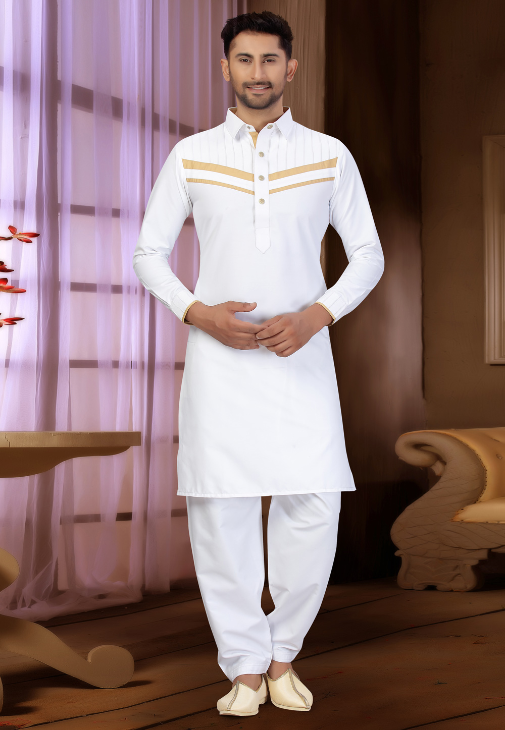 White Pathani Suit Set with Floral Waistcoat – Lashkaraa