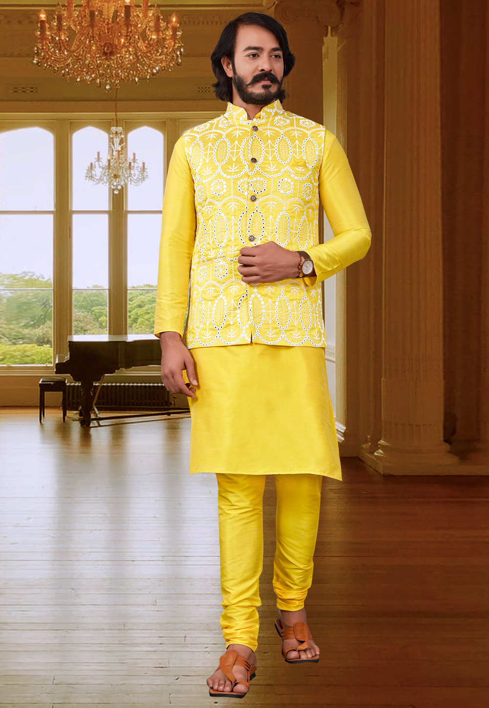 Yellow Kurta Set With Hand Embroidered Bundi Jacket Design by Rahul Mishra  Men at Pernia's Pop Up Shop 2024